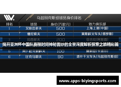 揭开亚洲杯中国队赛程时间神秘面纱的全景深度解析探索之旅精彩篇